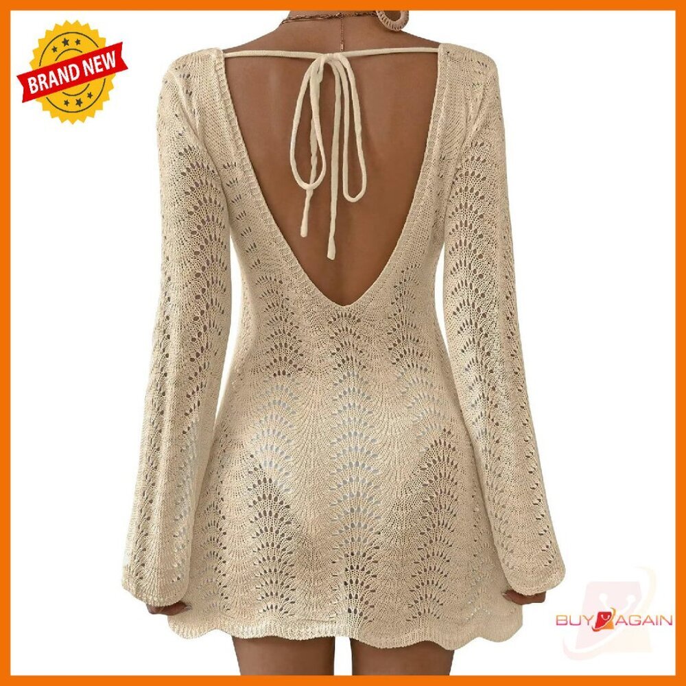Long Sleeve Crochet Swimsuit Cover Up Backless Mesh Beachwear